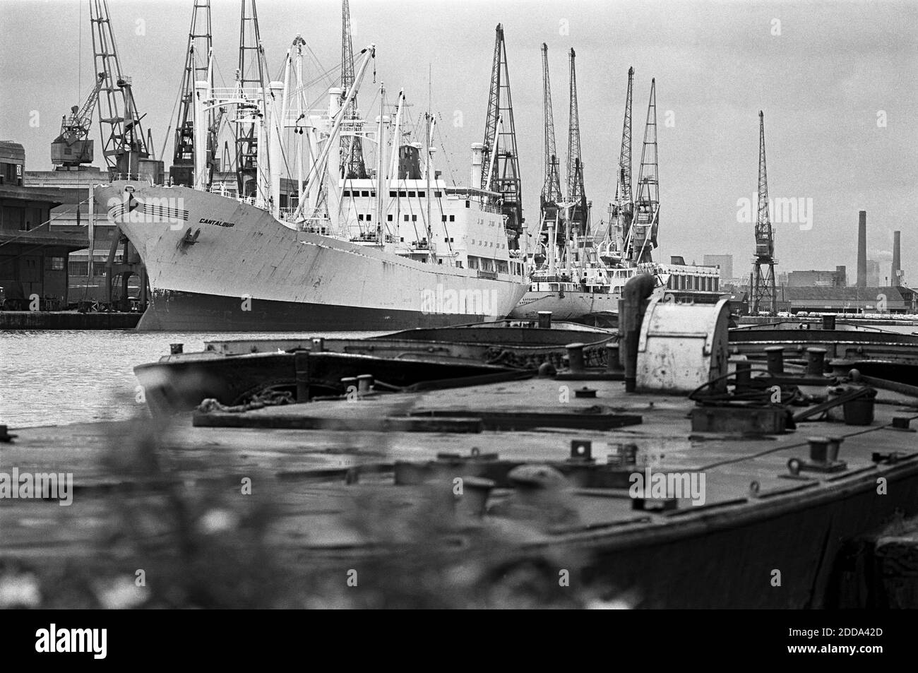 Regno Unito, Londra, Docklands, Isle of Dogs, inizio 1974. L'India occidentale attracca con una nave che carica merci e chiatte in primo piano Foto Stock