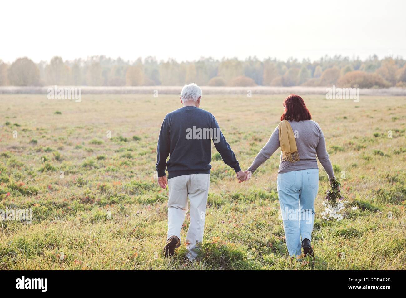 Coppia senior che tiene le mani mentre si cammina sul campo durante il fine settimana Foto Stock