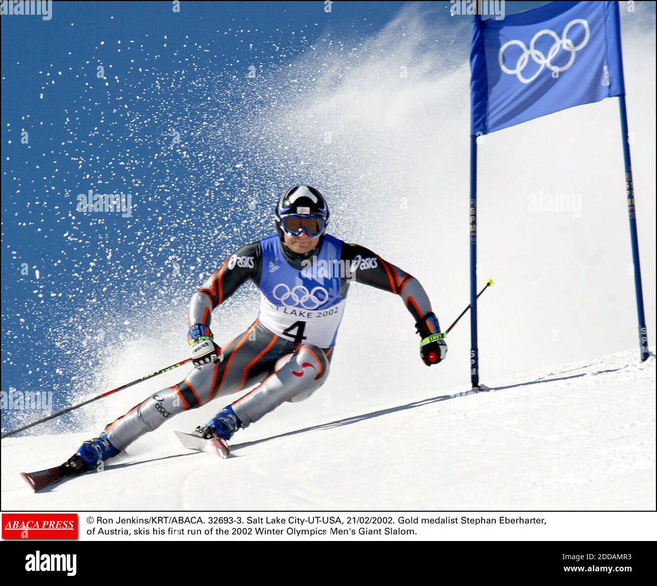 NESSUN FILM, NESSUN VIDEO, NESSUNA TV, NESSUN DOCUMENTARIO - © RON JENKINS/KRT/ABACA. 32693-3. Salt Lake City-UT-USA, 21/02/2002. Stephan Eberharter, medaglia d'oro, d'Austria, sciala la sua prima corsa delle Olimpiadi invernali del 2002, Slalom gigante maschile. Foto Stock