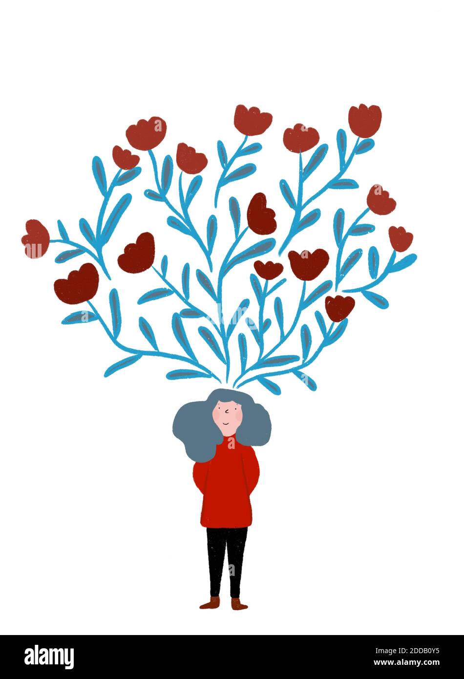 Clip art di tulipani in fiore che rappresentano l'immaginazione di donna in piedi con le mani dietro la schiena Foto Stock