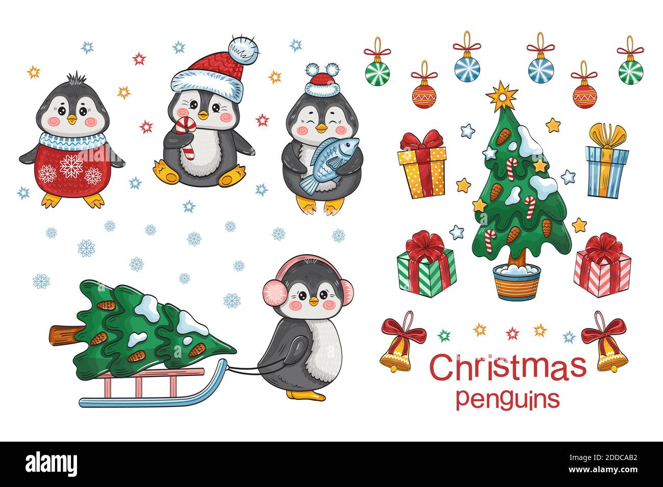 Carino insieme vettore pinguino Natale. Animali da bambino nel cappello di Capodanno con scatole regalo, albero di Natale e decorazione. Elementi della collezione di cartoni animati su bianco Illustrazione Vettoriale
