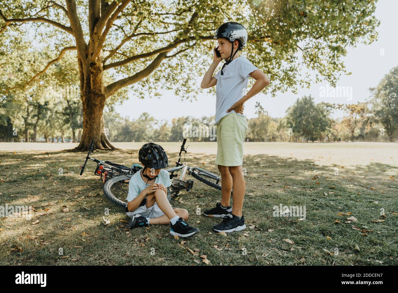 Ragazzo che parla su smartphone mentre il fratello tiene ferito seduto nel parco pubblico Foto Stock