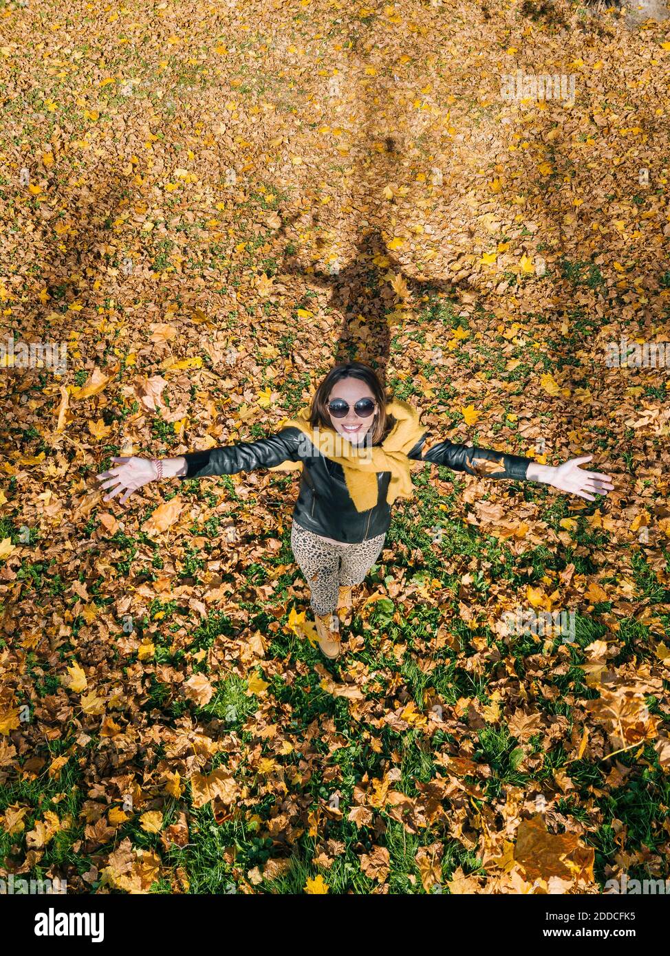 Sorridente bella donna con le braccia allungate godendo autunno al parco Foto Stock