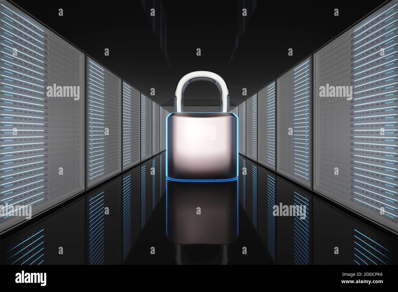 Illustrazione 3D rappresentata grande lucchetto nella sala server per i dati sicurezza Foto Stock
