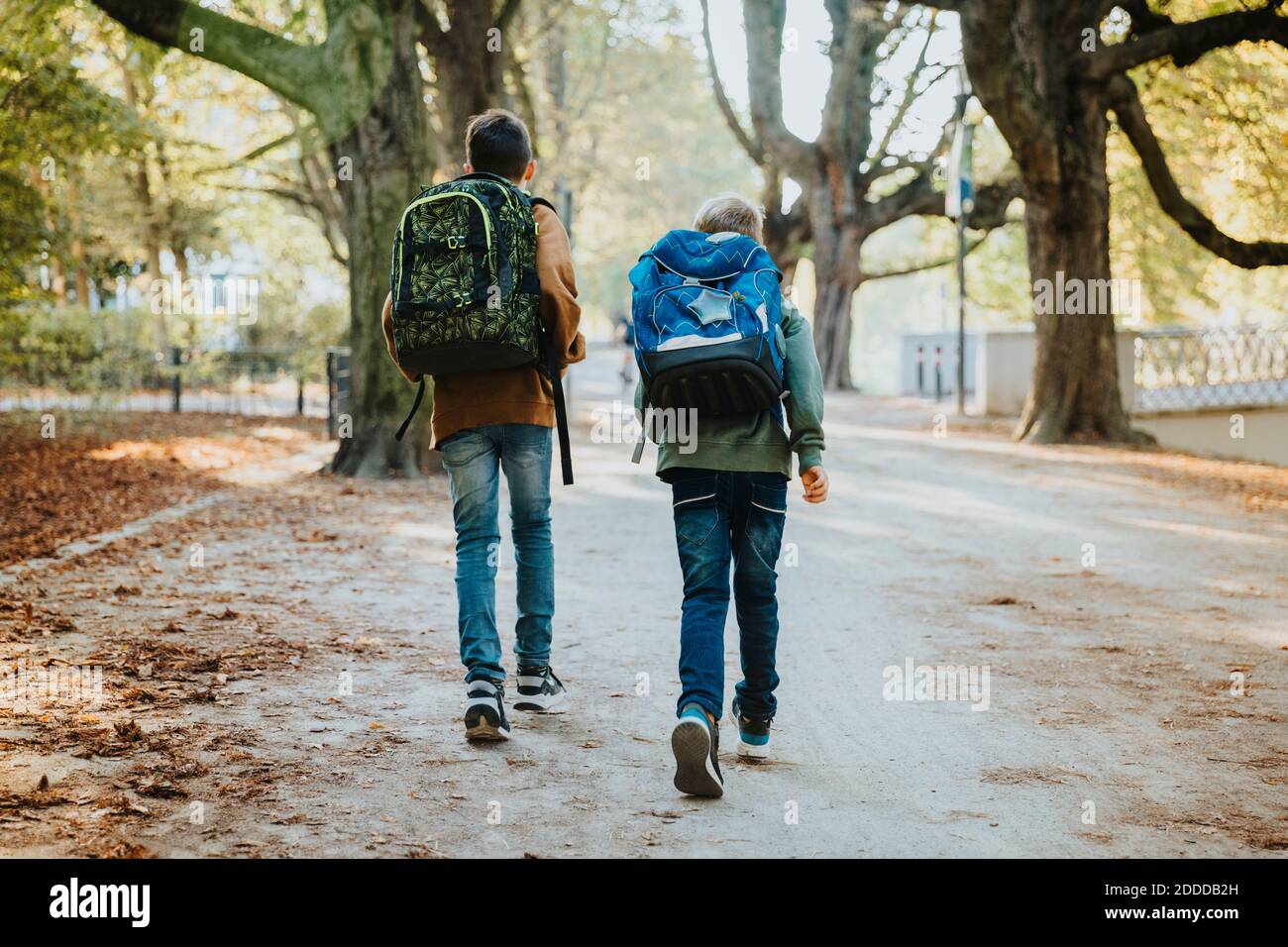 I fratelli camminano con lo zaino nel parco pubblico il giorno di sole Foto Stock