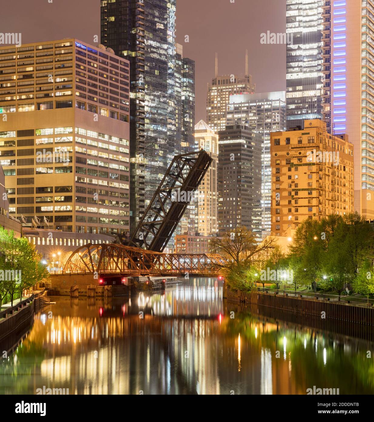 Riflesso di grattacieli moderni illuminati in città, Chicago, Stati Uniti Foto Stock