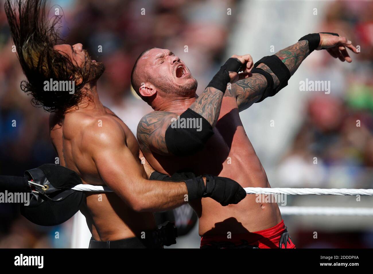 NO FILM, NO VIDEO, NO TV, NO DOCUMENTARIO - Randy Orton del WWE, a destra, colpisce Seth Rollins durante WrestleMania al Levi's Stadium di Santa Clara, CA, USA domenica 29 marzo 2015. Foto di Nhat V. Meyer/Bay Area News Group/TNS/ABACAPRESS.COM Foto Stock