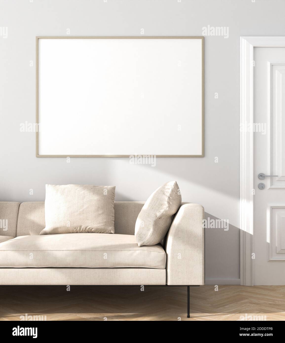 Mockup con cornice (140x100cm) con divano, porta e pavimento in parquet. Luce solare. Foto Stock
