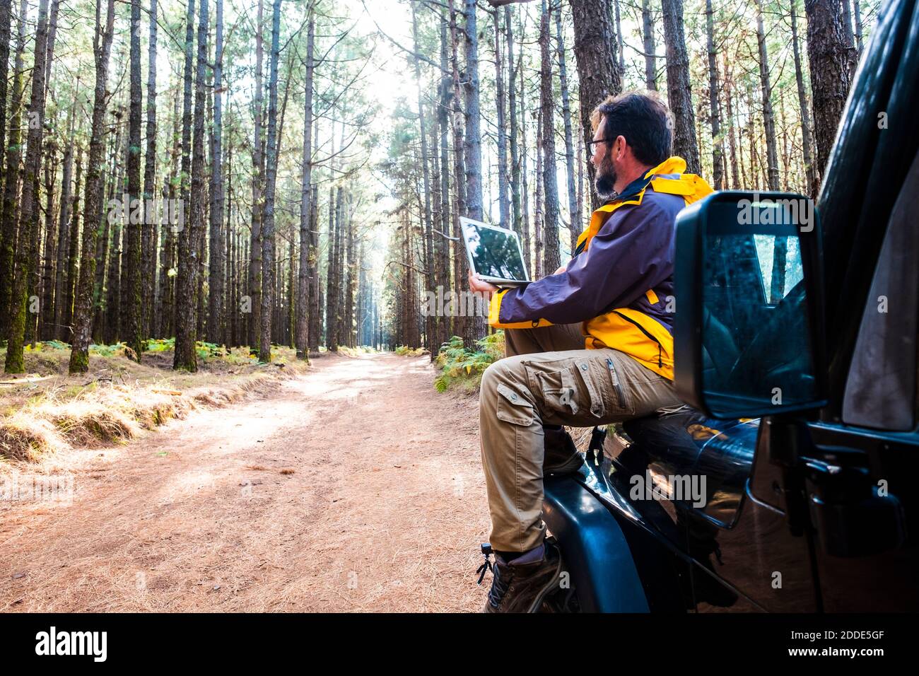 Uomo che usa un computer portatile mentre si è seduti in auto al Parco Nazionale El Teide, Tenerife, Spagna Foto Stock