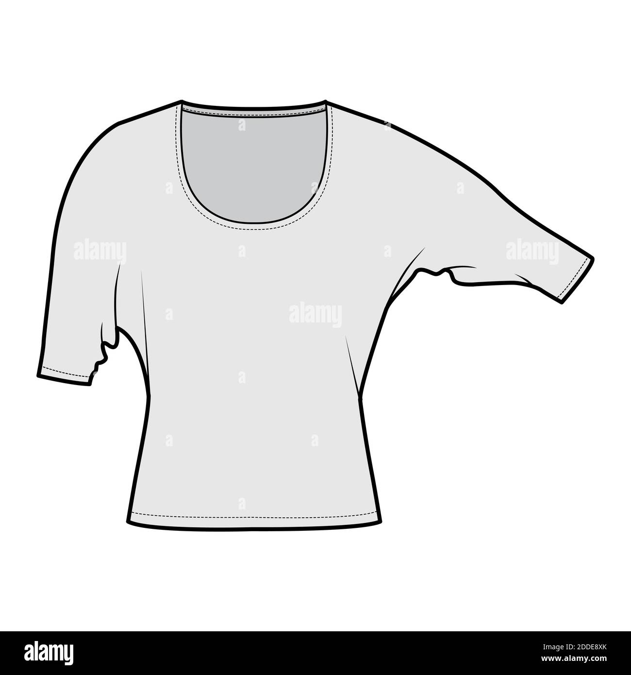 Top con maniche a gomito Dolman illustrazione tecnica di moda con vestibilità relax, lunghezza sotto la vita, scollo rotondo. Blusa di abbigliamento piatto, modello frontale, colore grigio. Donna uomo Unisex camicia CAD mockup Illustrazione Vettoriale