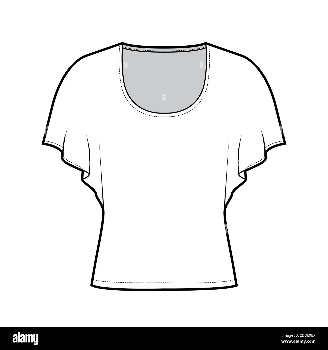 Top con maniche medie a battente illustrazione tecnica di moda con vestibilità relax, lunghezza sotto la vita, scollo rotondo. Blusa di abbigliamento piatto con dima frontale, colore bianco. Donna uomo Unisex camicia CAD mockup Illustrazione Vettoriale