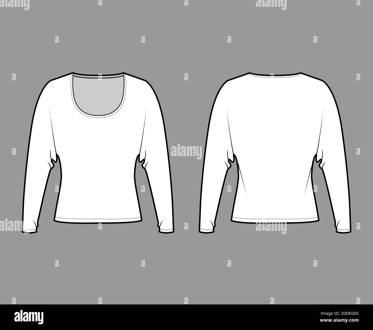 Top con maniche lunghe in dolman illustrazione tecnica della moda con vestibilità relax, lunghezza sotto la vita, scollo rotondo. Blusa di abbigliamento piatto, modello frontale, colore bianco sul retro. Donna uomo Unisex camicia CAD mockup Illustrazione Vettoriale