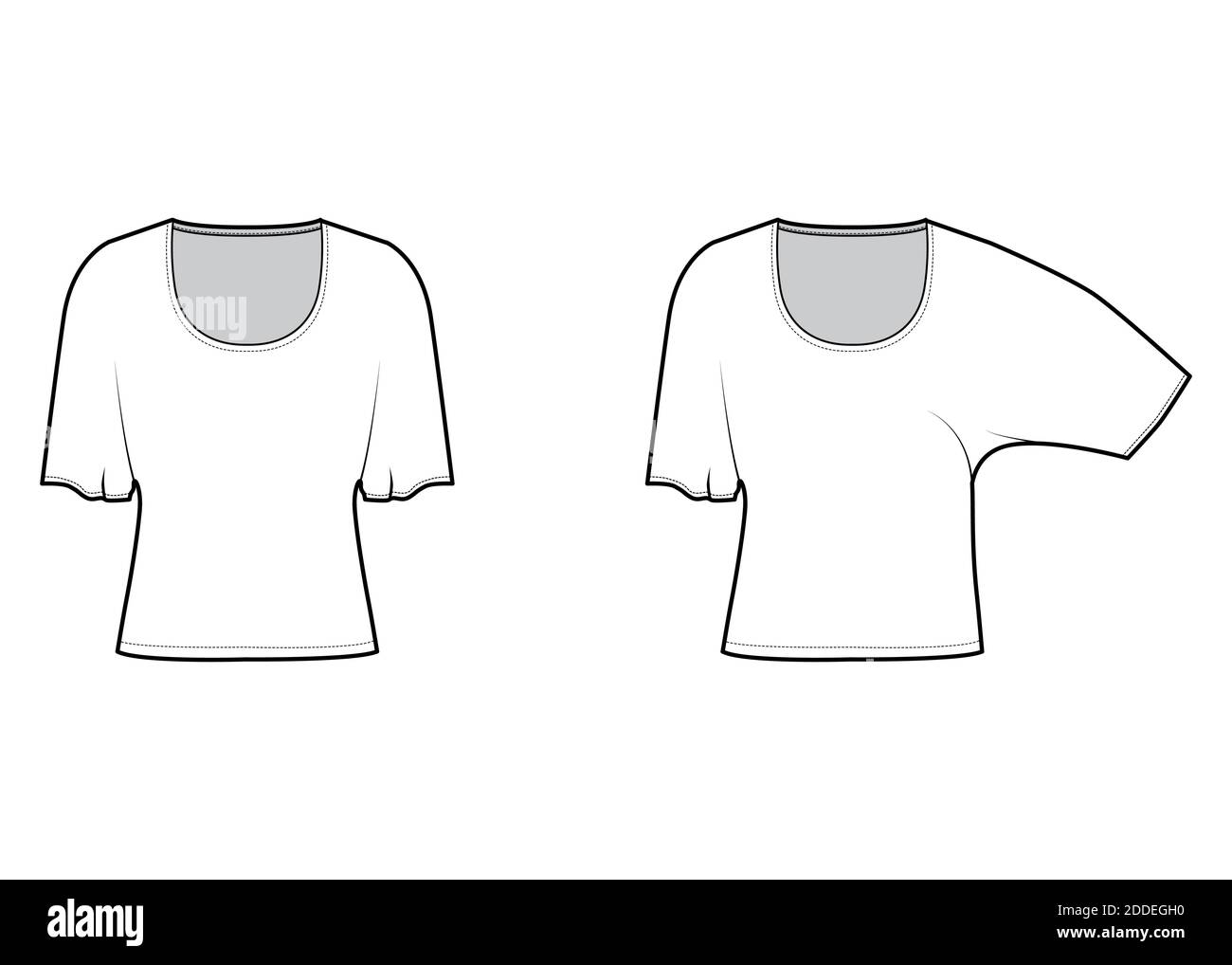 Set di costole con maniche a gomito a battente illustrazione tecnica della moda con vestibilità relax, lunghezza sotto la vita, scollo rotondo. Blusa di abbigliamento piatto, modello frontale, colore bianco. Donna Unisex camicia mockup CAD Illustrazione Vettoriale