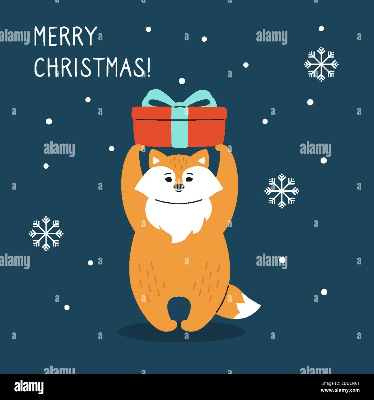 Biglietto di auguri natalizi, volpe con neve e confezione regalo. Fumetto divertente disegnato a mano New Year rosso volpe personaggio di natale. Felice anno nuovo, Buon Natale. Vettore animale Illustrazione Vettoriale