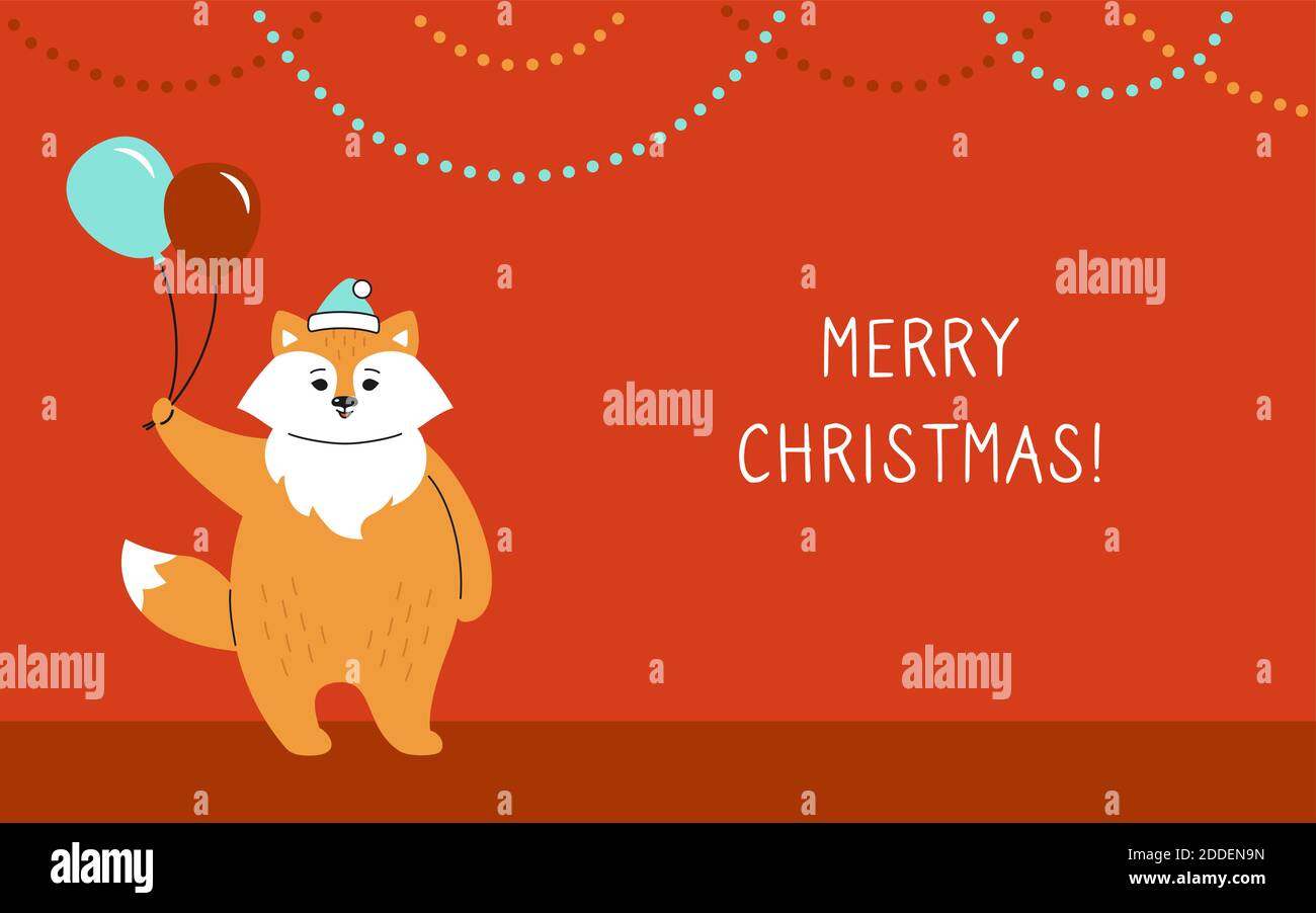 Biglietto di auguri natalizi, volpe con palla, ghirlanda di Capodanno. Volpe rossa nel cappello di Babbo Natale. Simpatico personaggio natalizio con cartoni animati disegnati a mano. Felice anno nuovo, Buon Natale. Vettore animale Illustrazione Vettoriale