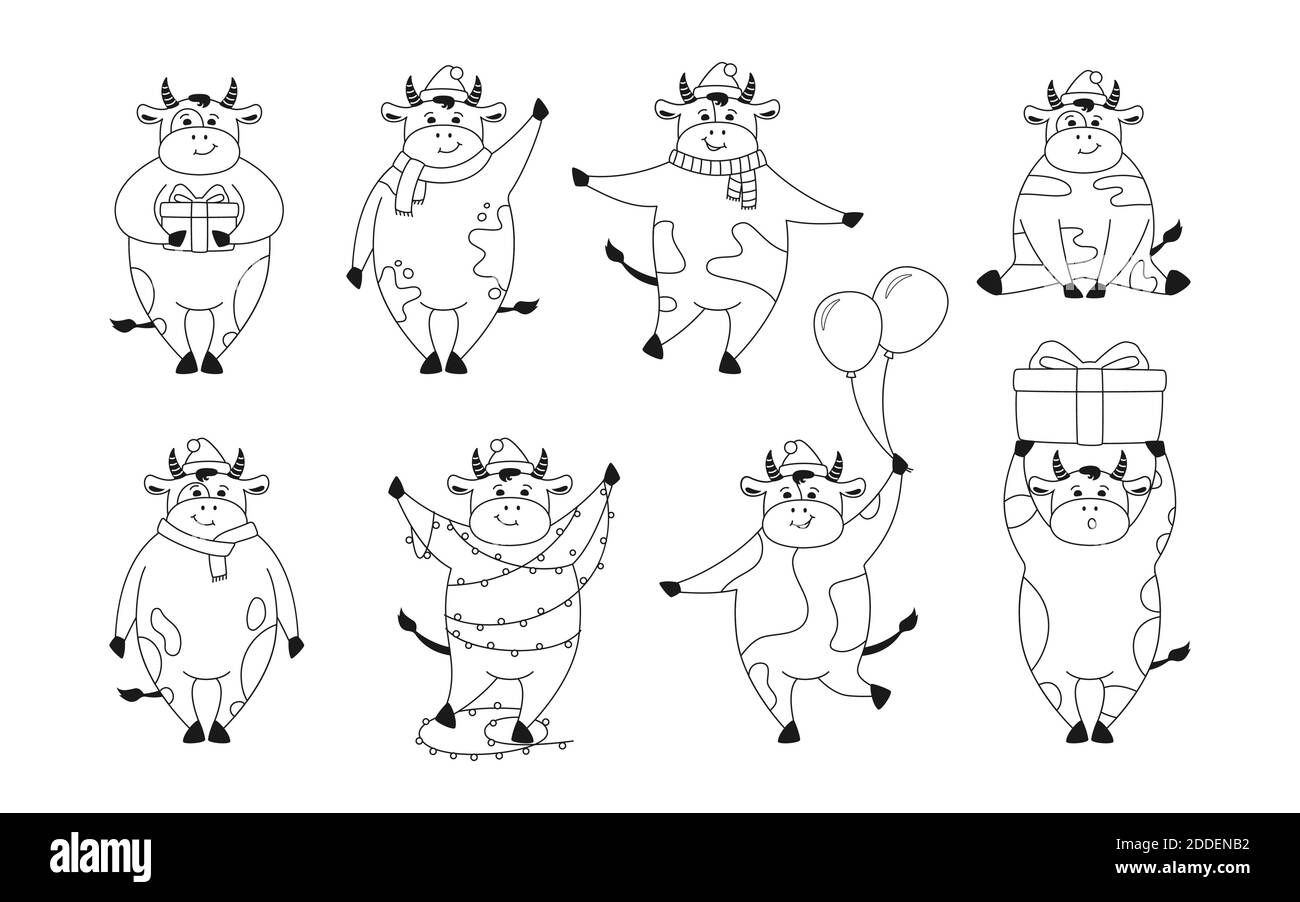 animale natalizio - 8 Set di toro natalizio, simbolo dell'anno. Vignetta disegnata a mano, bufalo o vitello nero lineare. Collezione animali da fattoria con regalo, cappello, ghirlanda. Felice anno nuovo, Buon Natale. Carattere vettore animale Immagine