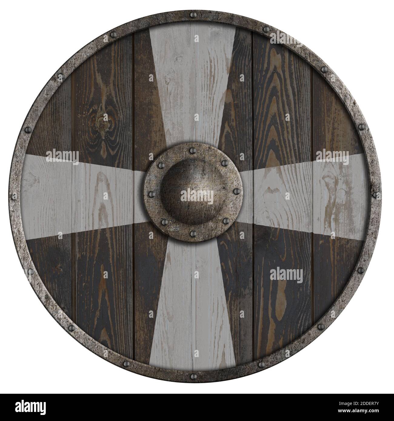 scudo rotondo in legno con illustrazione 3d a croce bianca Foto Stock