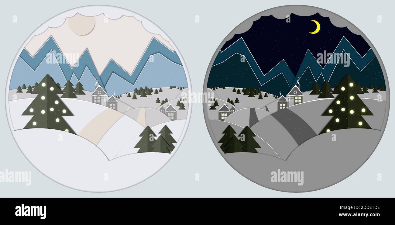 Scene di Natale nel villaggio rurale nella tecnica del taglio di carta. Cartoline e sfondi di Natale e Capodanno Illustrazione Vettoriale