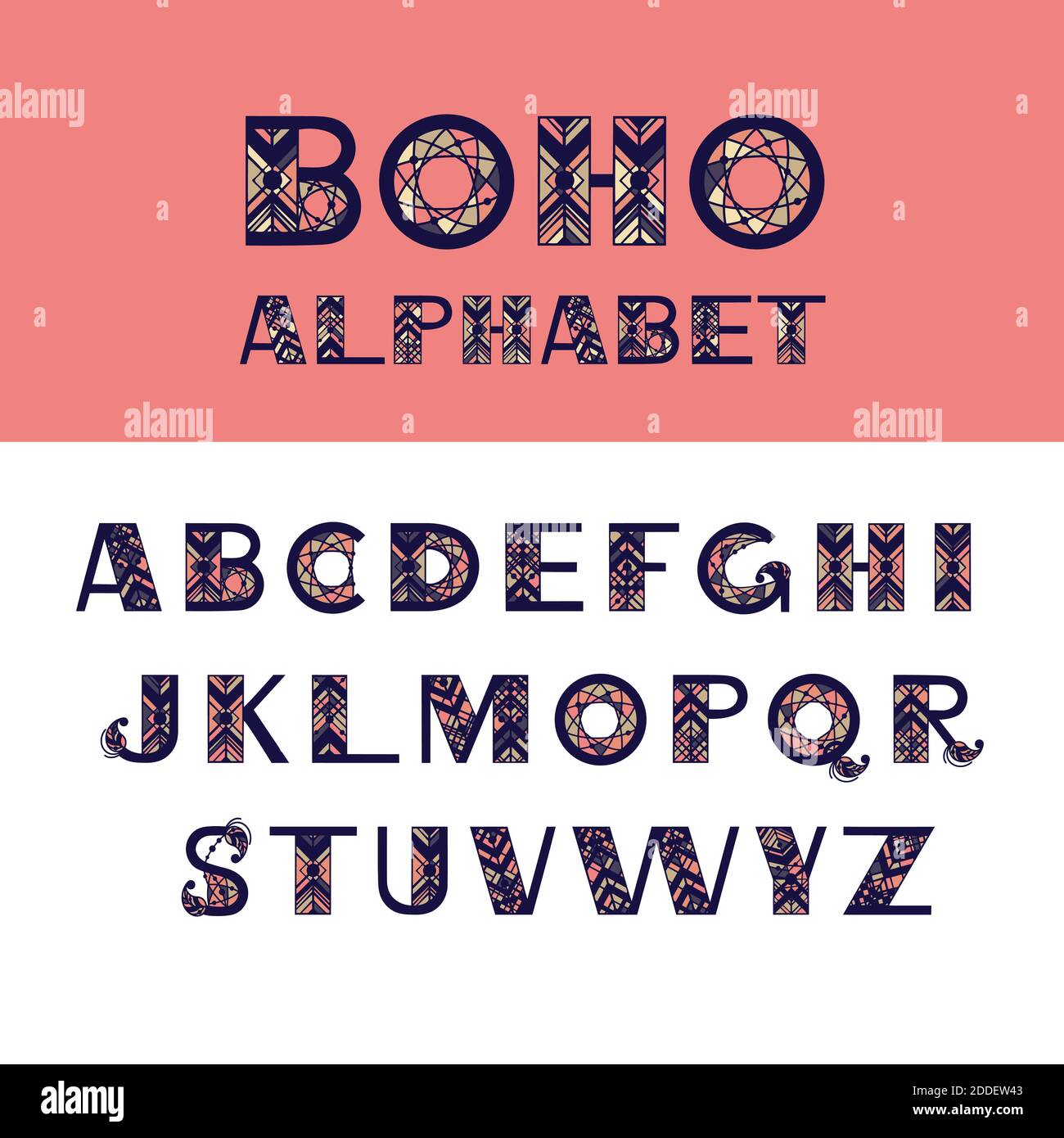 Boho alfabeto inglese. Elementi etnici per la progettazione vettoriale. Lettere disegnate a mano per striscioni, biglietti, poster, volantini e inviti alle feste Illustrazione Vettoriale