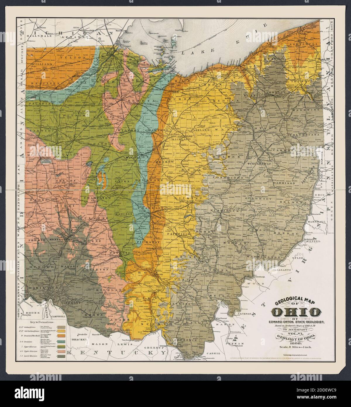 Mappa geologica dell'Ohio 1888. Si tratta di una riproduzione migliorata e restaurata di una vecchia mappa scientifica dell'Ohio Foto Stock
