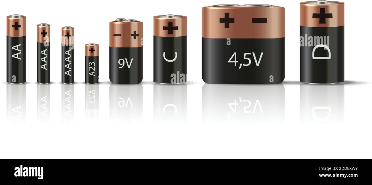 raccolta vettoriale 3d realistica delle batterie. Isolato su sfondo bianco. Illustrazione Vettoriale