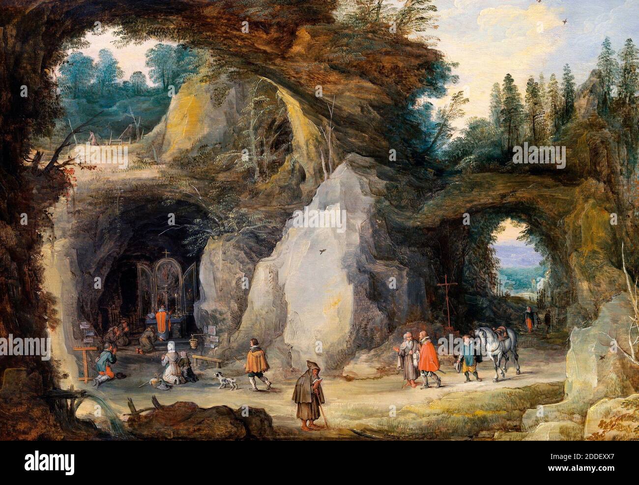 Un Eremita prima di una Grotta - un paesaggio montano con pellegrini in una Cappella in una Grotta - Jan Brueghel il Vecchio e Gioos de Momper il giovane, circa 1626 Foto Stock