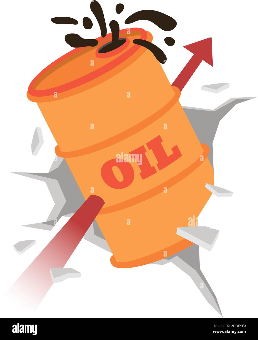 Il cilindro dell'olio si rompe attraverso il muro con una freccia che sale. Illustrazione vettoriale. Illustrazione Vettoriale
