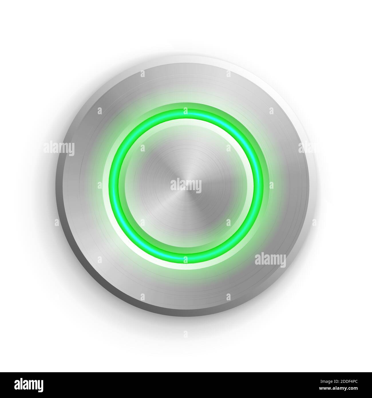 Pulsante cerchio cromato. Illustrazione vettoriale con icone 3d rotonde in metallo. Oggetto realistico circolare lucido su sfondo bianco. Elemento astratto con verde Illustrazione Vettoriale