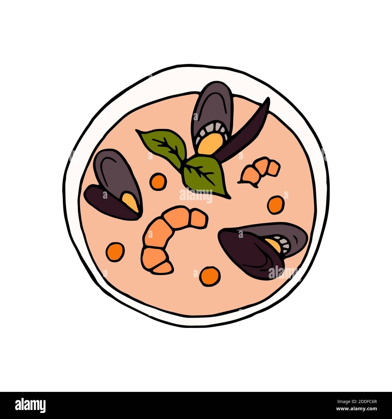 Bouillabaisse disegnata a mano vettoriale. Piatto di cucina francese. Cozze di pesce. Design elemento di schizzo per menu cafè, bistrot, ristorante, etichetta e imballaggio. C Illustrazione Vettoriale