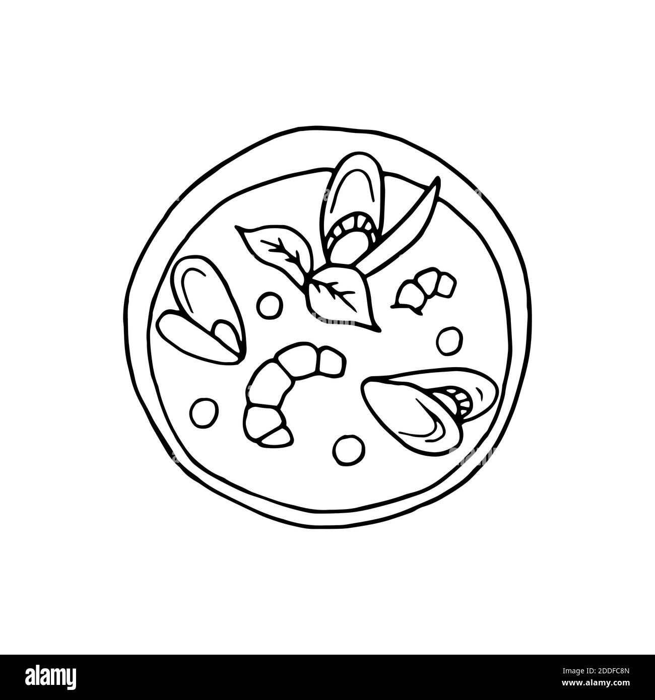 Bouillabaisse disegnata a mano vettoriale. Piatto di cucina francese. Cozze di pesce. Design elemento di schizzo per menu cafè, bistrot, ristorante, etichetta e imballaggio. IO Illustrazione Vettoriale