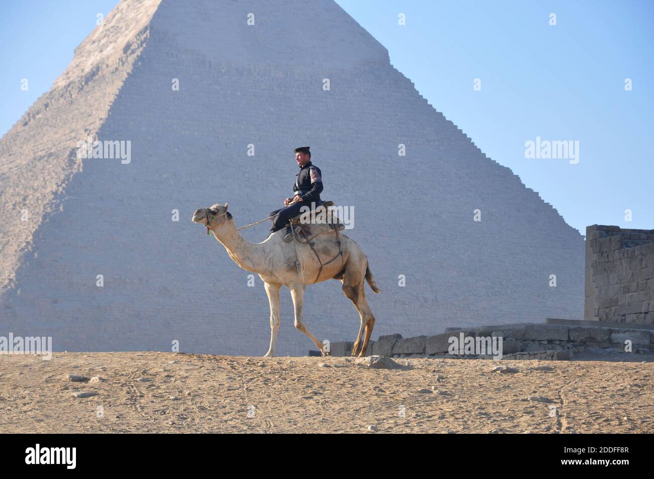 Polizia di sicurezza sul cammello alla Piramide di Khafre o Chefren, Giza, Egitto Foto Stock