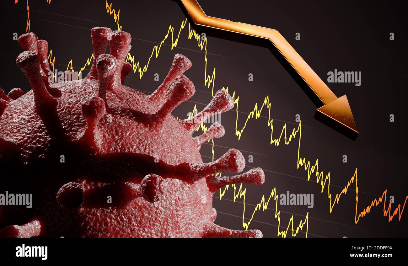 Impatto economico del virus sull'economia globale. Concetto di recessione e crisi finanziaria. Illustrazione con rendering 3D. Foto Stock