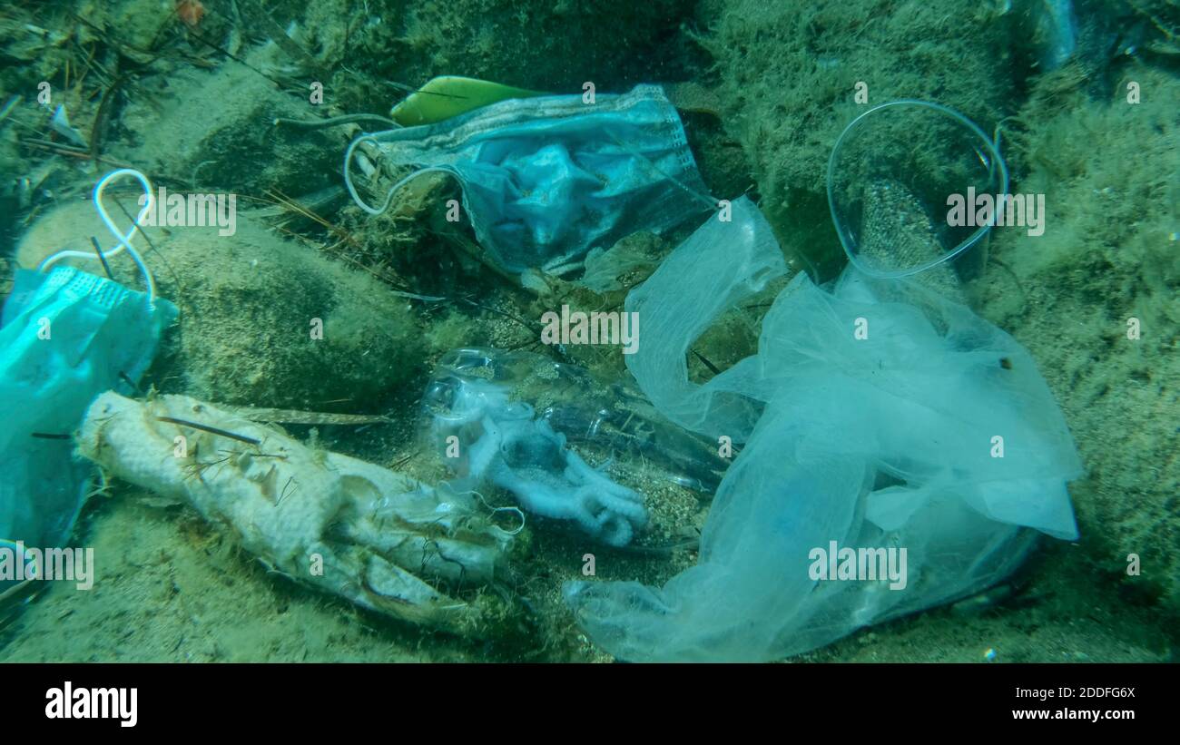 Polpo morto all'interno della bottiglia di plastica sul fondo marino tra la plastica e altri rifiuti. Il COVID-19 contribuisce all'inquinamento, poiché le maschere usate scartate si stringono Foto Stock