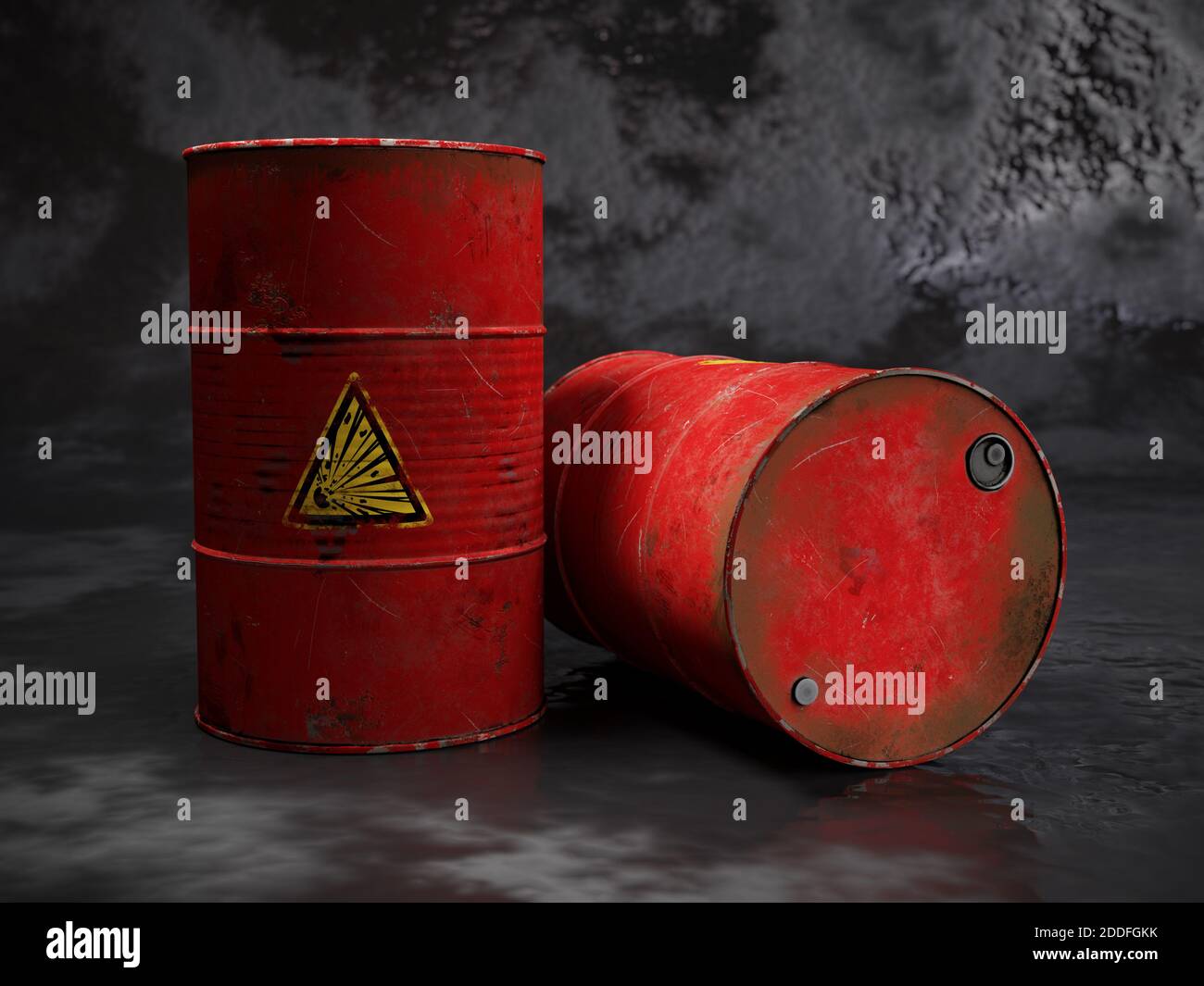 Rendering 3D di barili in metallo rosso con materiale esplosivo Foto Stock