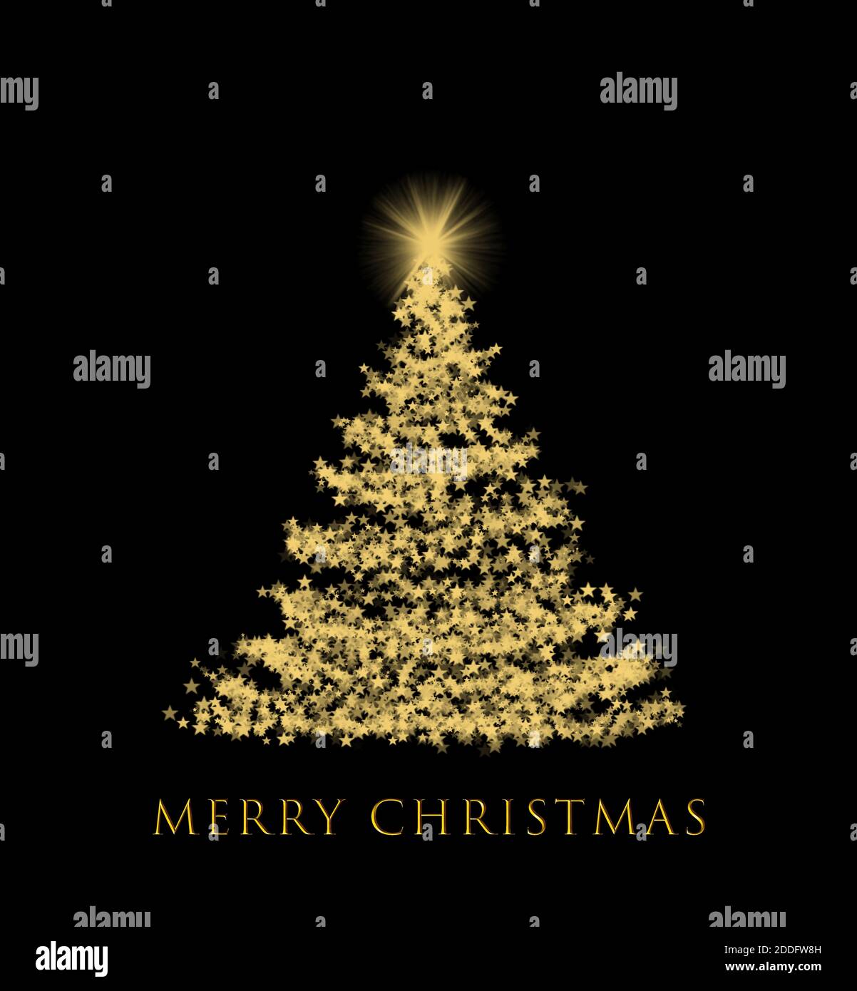Albero di Natale astratto con stelle dorate su sfondo nero. Foto Stock