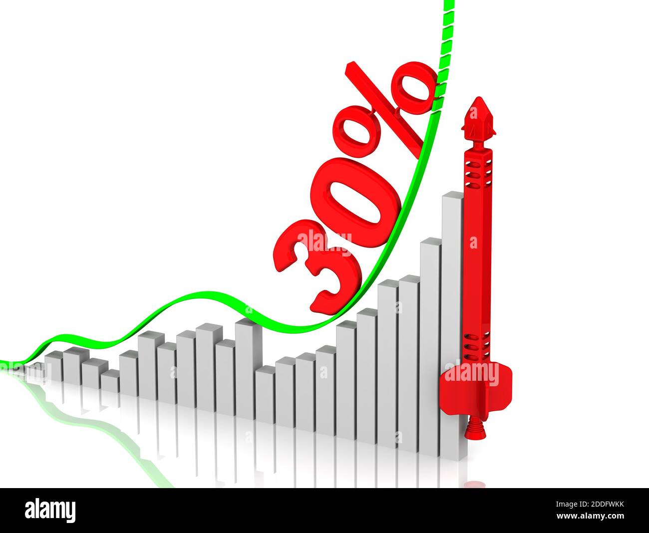 Crescita di trenta percentuali. Grafico di rapida crescita con iscrizione 30% (trenta percentuali) e razzo rosso concettuale. Concetto finanziario Foto Stock
