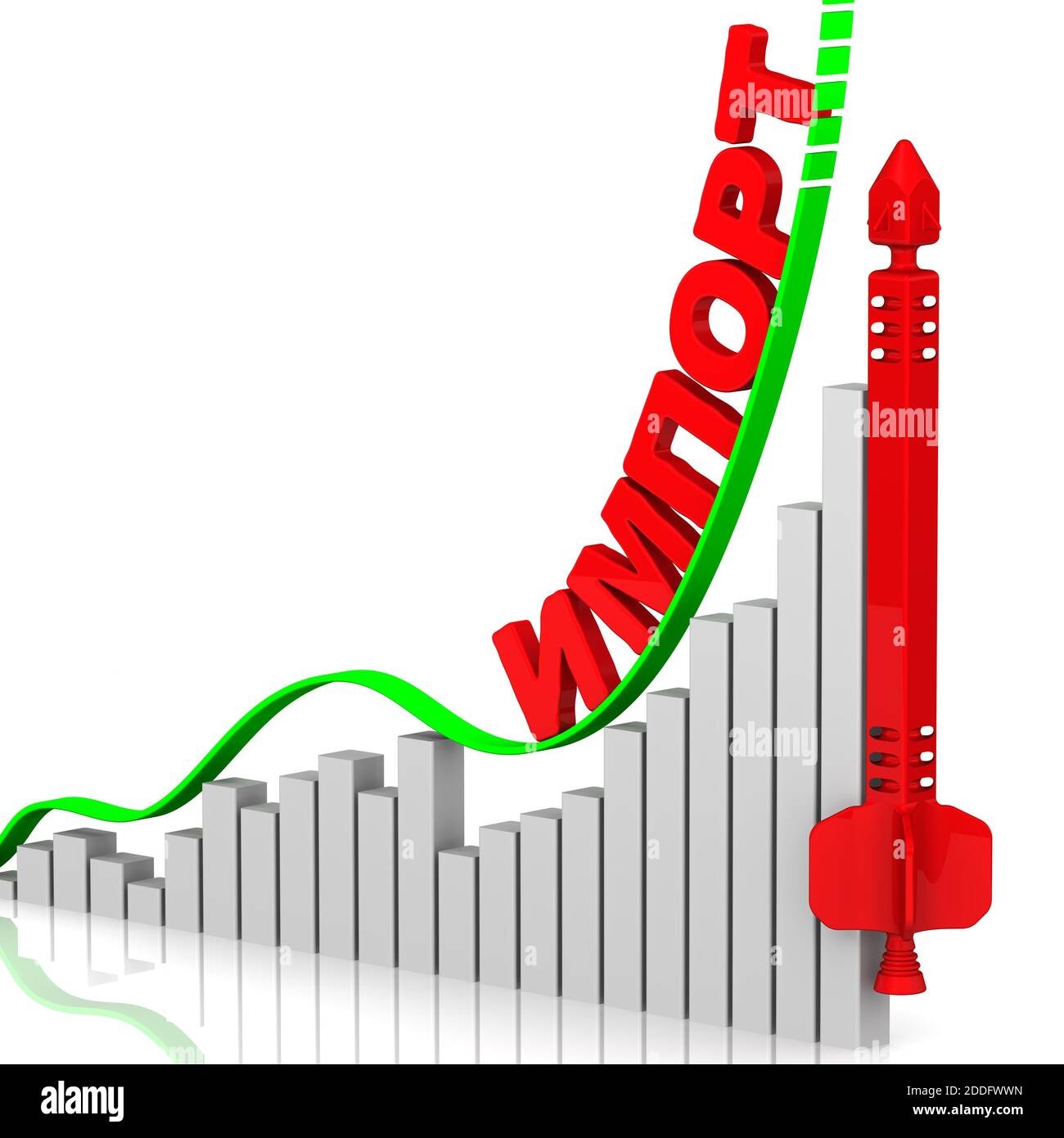 Importa. Il grafico di crescita. Grafico di rapida crescita con IMPORTAZIONE parola russa e razzo concettuale rosso. Concetto finanziario. Illustrazione 3D Foto Stock