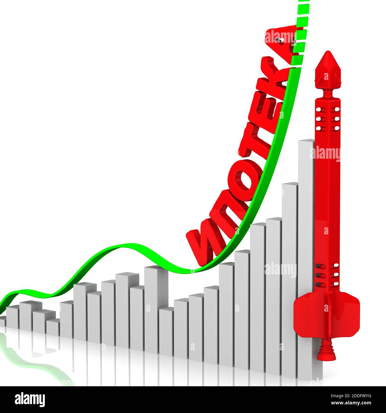 Aumento del costo dell'ipoteca. Grafico di rapida crescita con ISCRIZIONE IPOTECA (lingua russa) e razzo concettuale rosso. Isolato. Illustrazione 3D Foto Stock