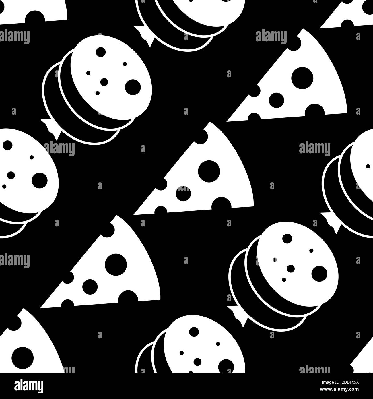 Modello vettoriale senza cuciture con fette di salame e salsiccia di formaggio isolate su sfondo nero. Ingredienti per pizza. Sfondo del menu. Stile piatto ca Illustrazione Vettoriale
