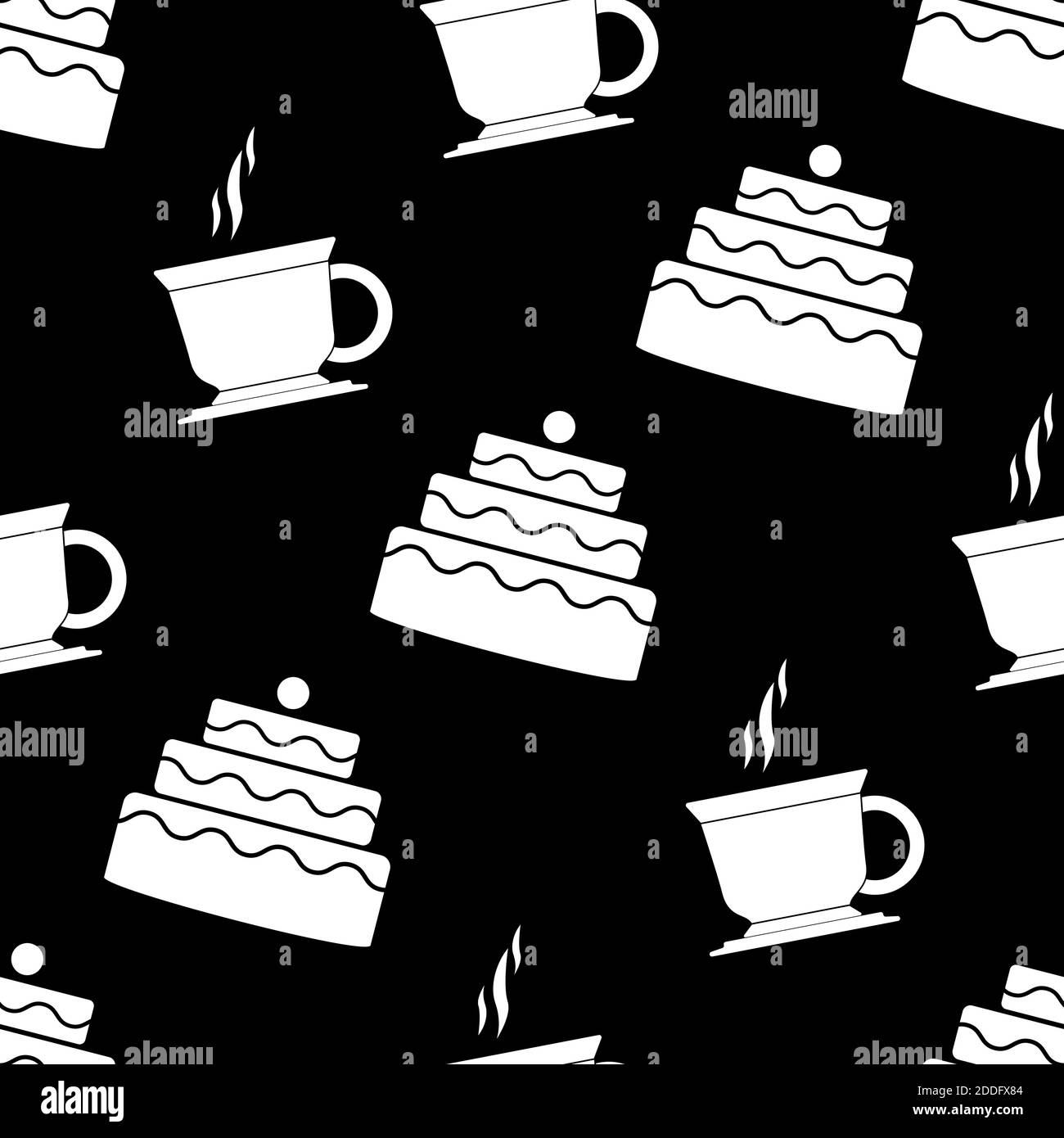 Caffè e torta senza cuciture. Tè e dolci modello. Design del menu. Illustrazione vettoriale. Tè e torta senza cuciture modello. Silhouette bianca su un nero Illustrazione Vettoriale