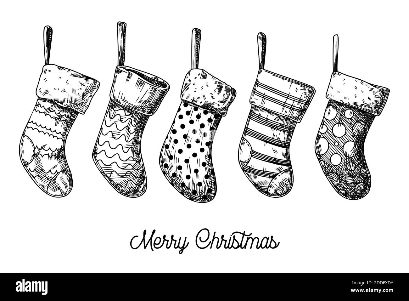 Set di calze natalizie. Calze diverse isolate su sfondo bianco. Schizzo, vettore Illustrazione Vettoriale