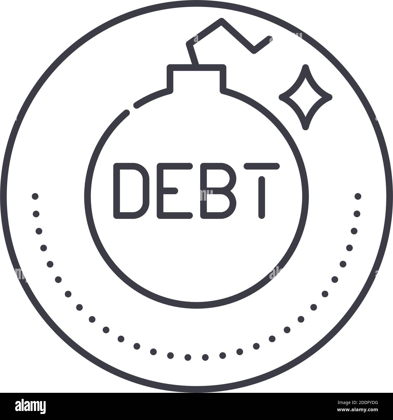 Icona del debito finanziario, illustrazione lineare isolata, vettore di linea sottile, segno di disegno di fotoricettore, simbolo di concetto di contorno con tratto modificabile su sfondo bianco. Illustrazione Vettoriale