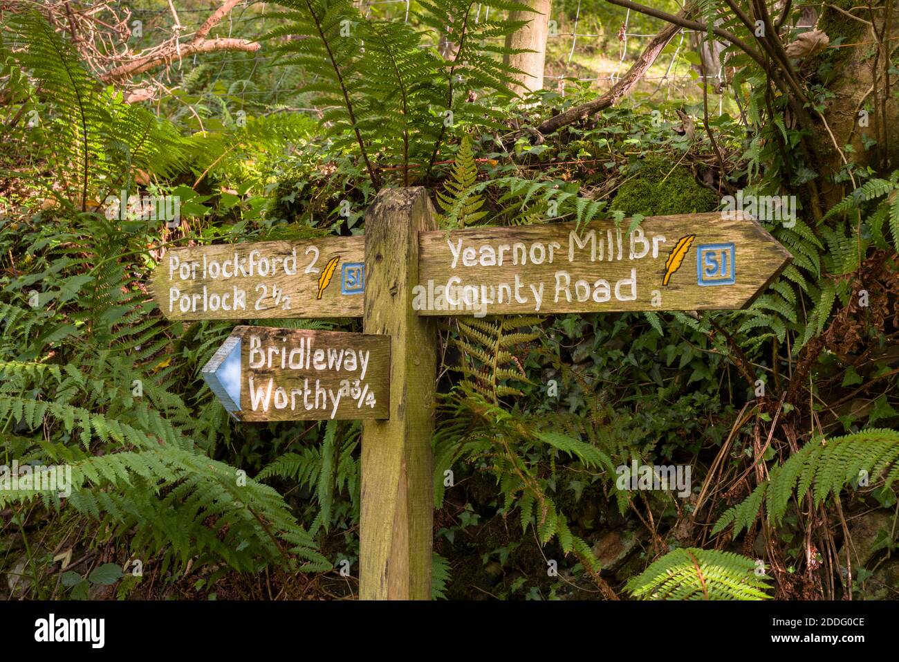 Un cartello in legno in Worthy Wood vicino a Porlock Weir nel Parco Nazionale di Exmoor, Somerset Inghilterra. Foto Stock