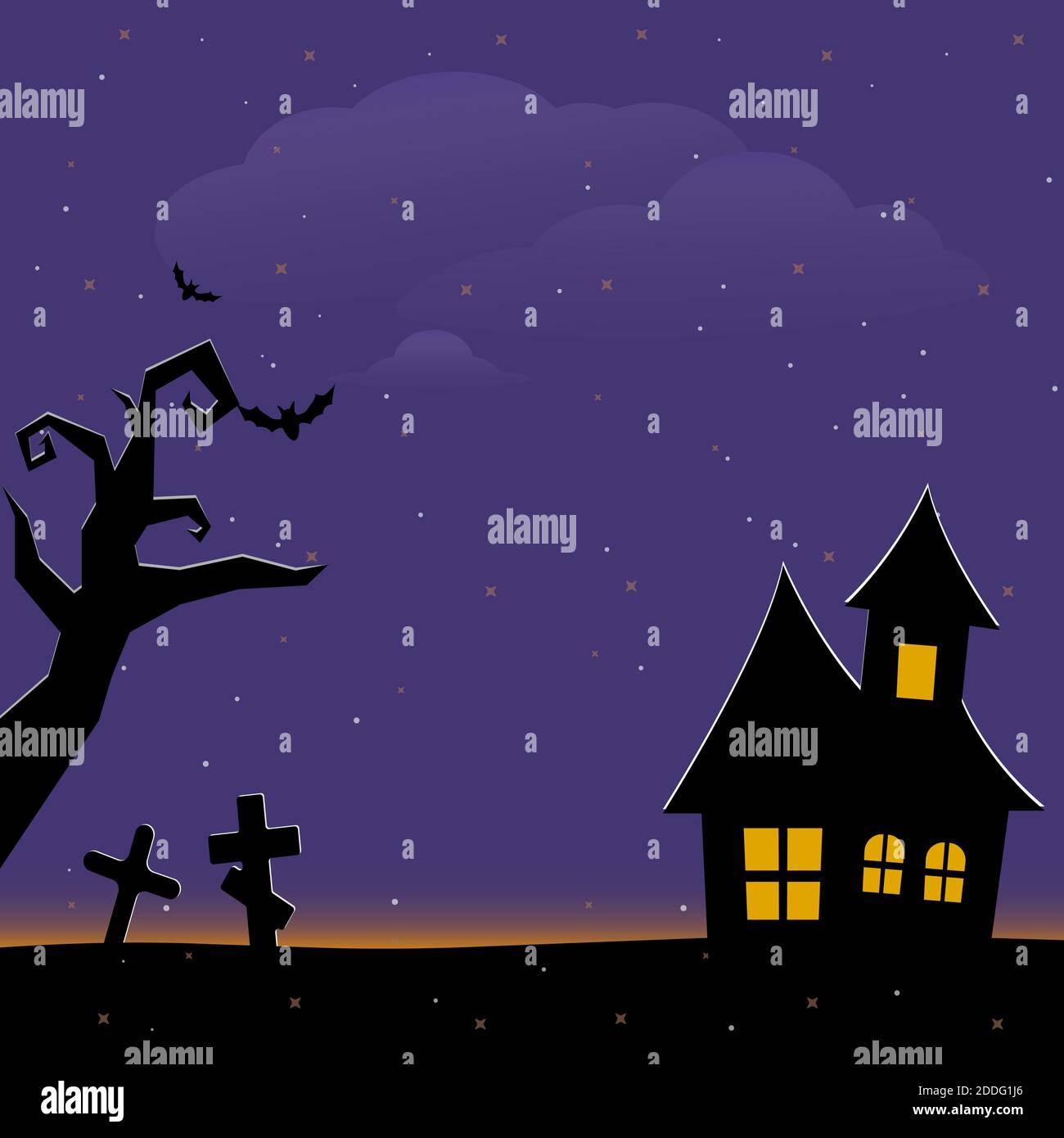 Halloween spaventoso sfondo cimitero con alberi, croci e pipistrelli. Halloween. Silhouette di una lapide. Etichette e decorazioni stampate per ufficio, cr Illustrazione Vettoriale