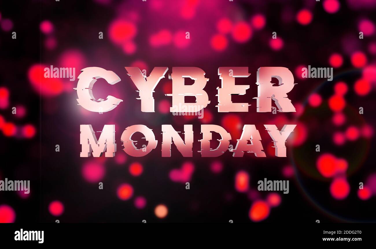 Banner viola per la vendita del Cyber monday. Offerta Cyber online evento di vendita. Rendering 3D. Scintille glitter e testo cyber lunedi. Foto Stock