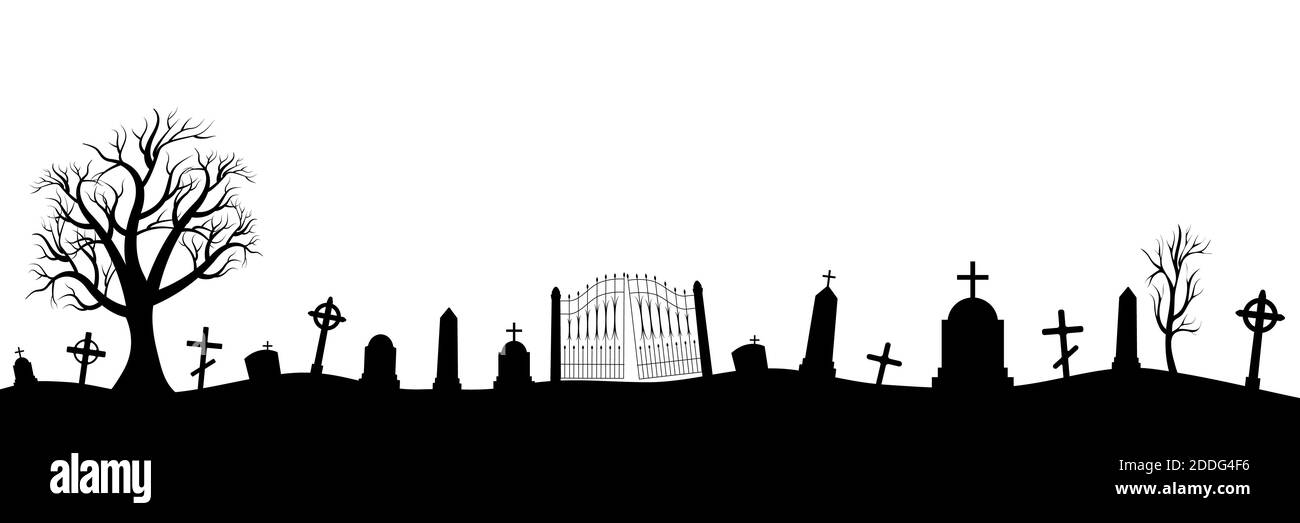Halloween spaventoso sfondo cimitero con alberi, croci e pipistrelli. Halloween. Silhouette di una lapide. Etichette e decorazioni stampate per ufficio, cr Illustrazione Vettoriale