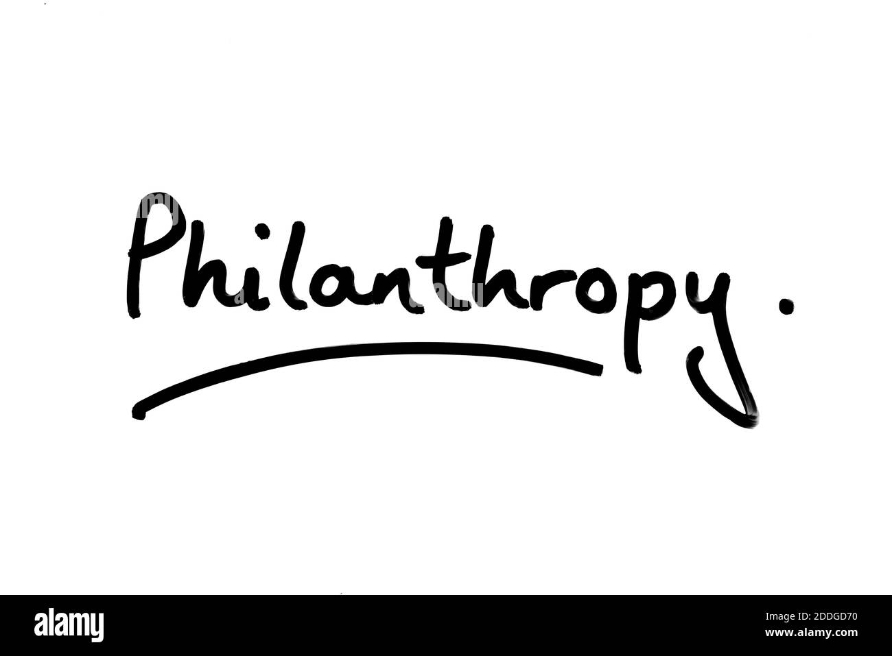 La parola Philanthropy scritta a mano su uno sfondo bianco. Foto Stock