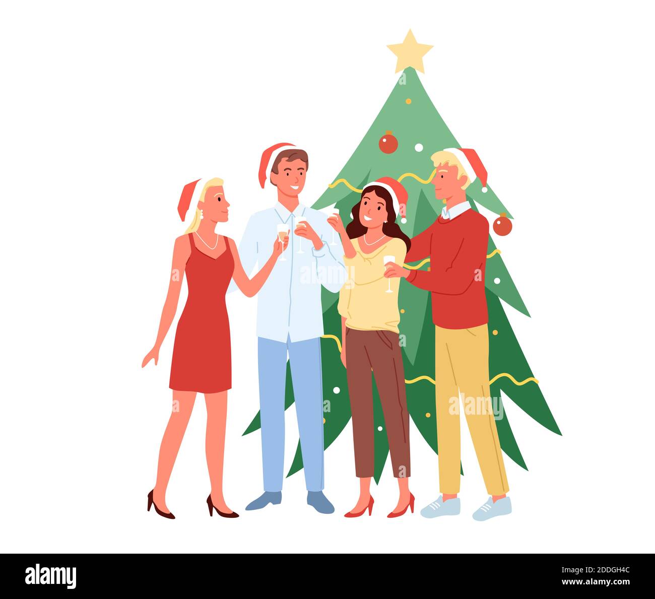 Giovani uomini e donne che si divertono insieme, festa di Natale, bere champagne in cappelli di Natale vicino albero di Natale. Amici alla festa di Capodanno. Illustrazione Vettoriale