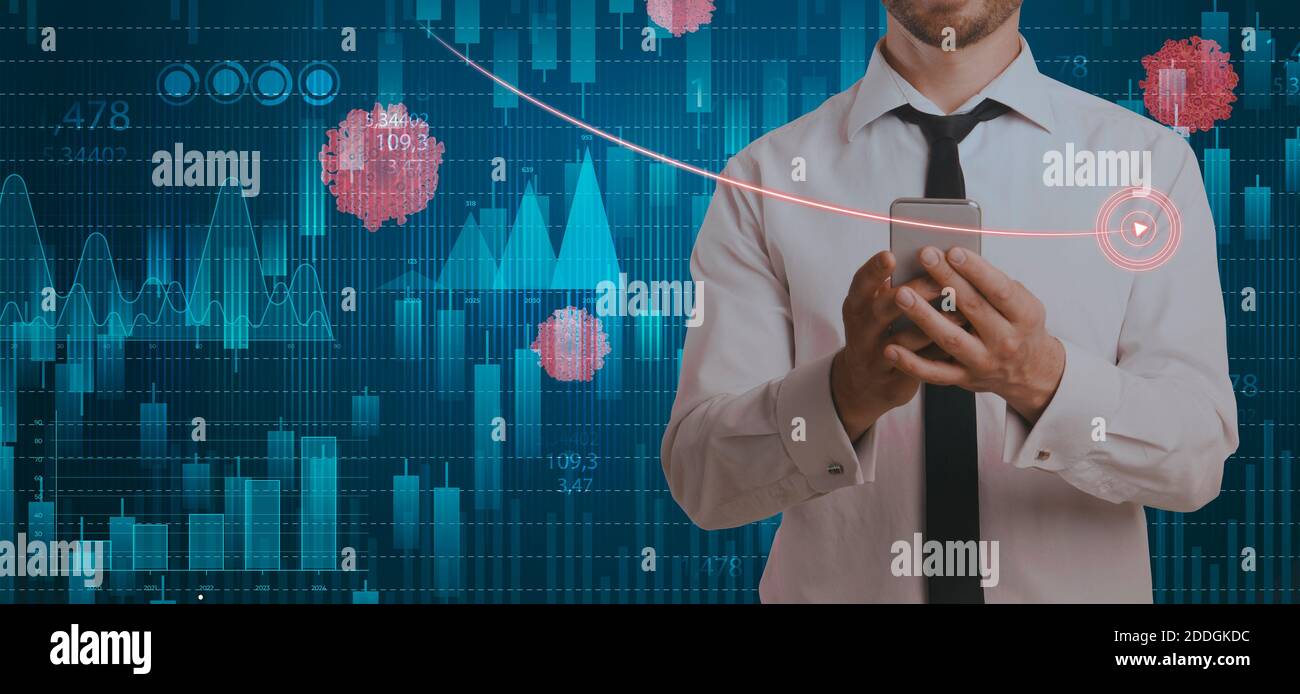 Impatto sull'economia del coronavirus. Grafici che rappresentano il fallimento del mercato azionario causato dal covid-19 Foto Stock