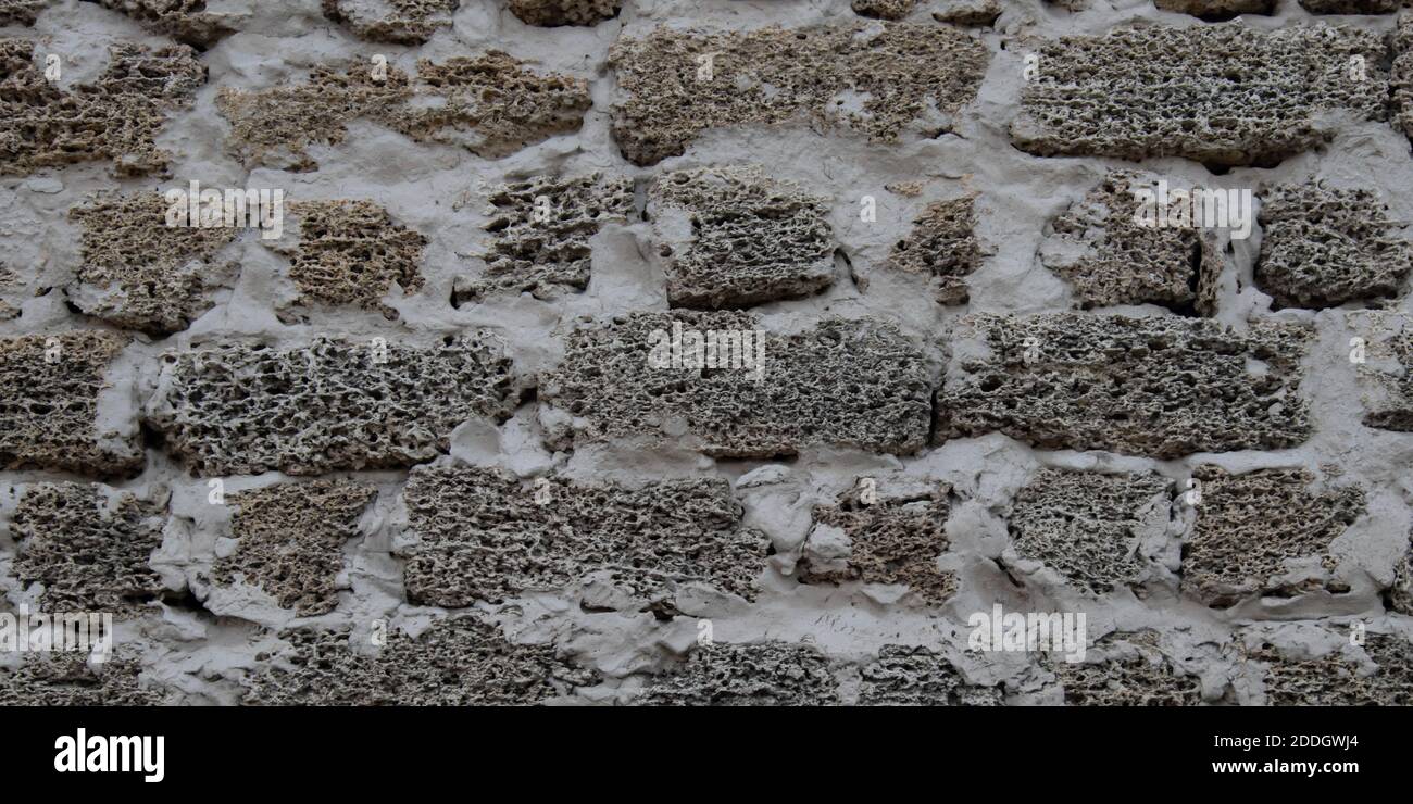Frammento di una parete costruita di shell rock come sfondo. Foto Stock